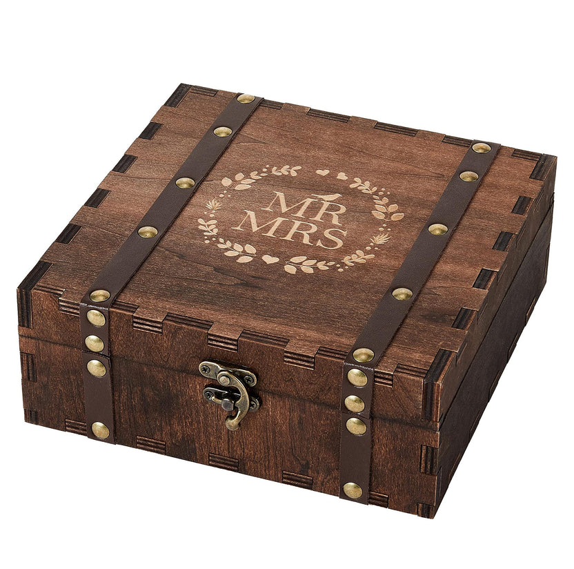 Mr Mrs Wooden Keepsake Box – 45-degree view of engraved lid with laurel wreath and leather straps, vintage Main image