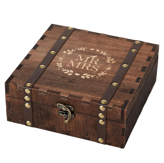 Mr Mrs Wooden Keepsake Box – 45-degree view of engraved lid with laurel wreath and leather straps, vintage