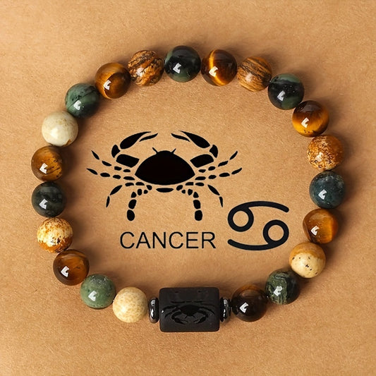 12 Zodiac Natural Stone Bead Bracelet Cancer tiger eye picture jasper beaded bracelet with engraved crab charm on kraft paper