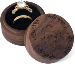 Oval Walnut Wood Ring Box – open box with diamond ring, It Was Always You engraved lid, white background