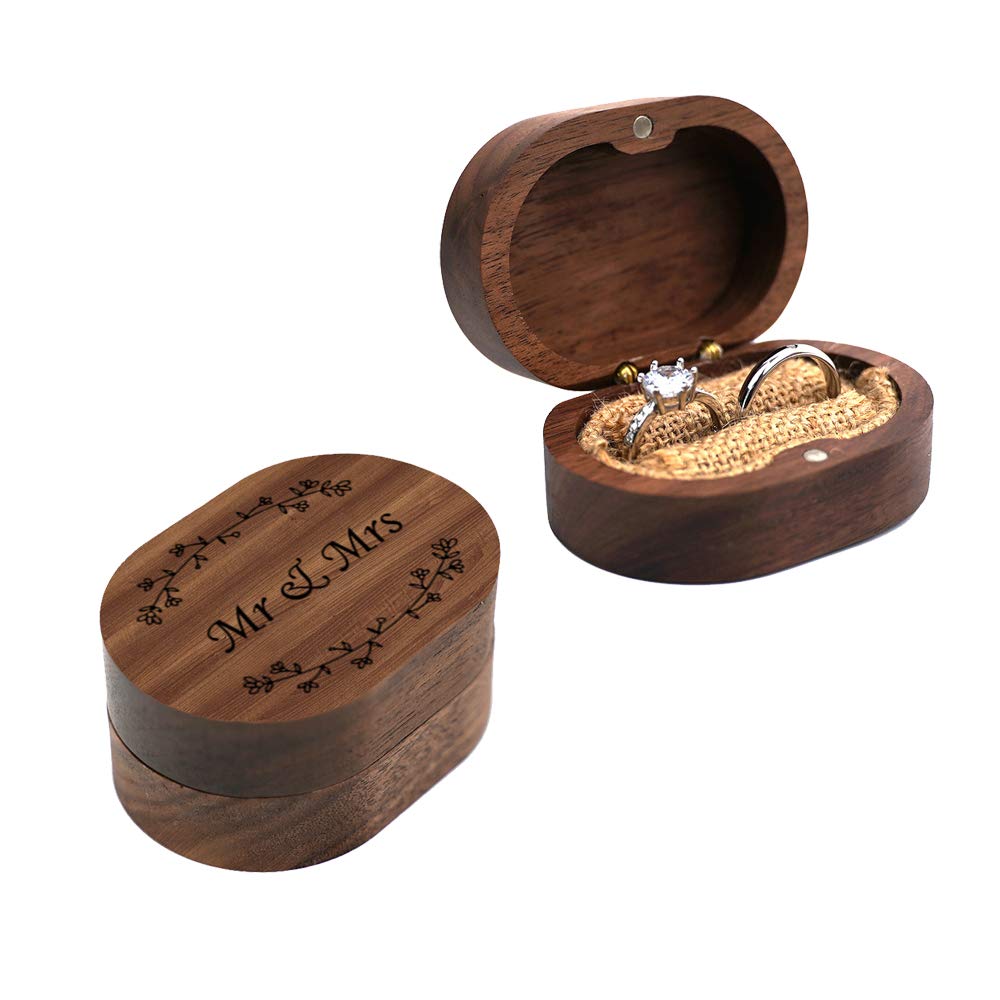 Mr & Mrs Walnut Wood Ring Box – dual view closed and open with two rings, rustic wedding proposal Main image