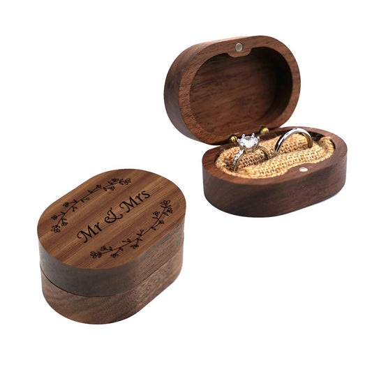 Mr & Mrs Walnut Wood Ring Box – dual view closed and open with two rings, rustic wedding proposal