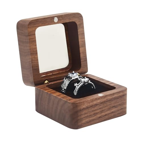 Walnut Wood Ring Box – open box with black velvet and two silver rings on white, wedding proposal Main image