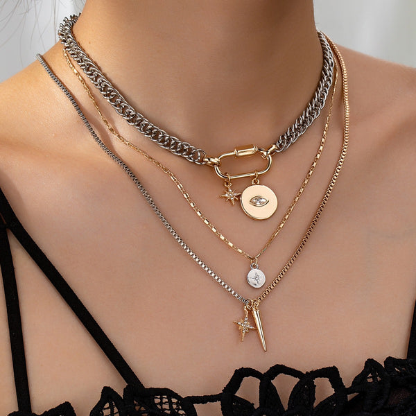 Mixed Metal Layered Charm Necklace | Gold Carabiner Eye Disc
