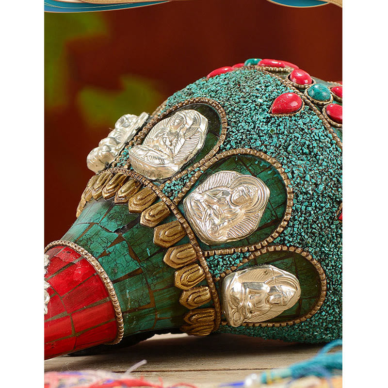 Turquoise Shankha Conch – macro of semi-precious stone inlay technique, Himalayan artisan craft detail