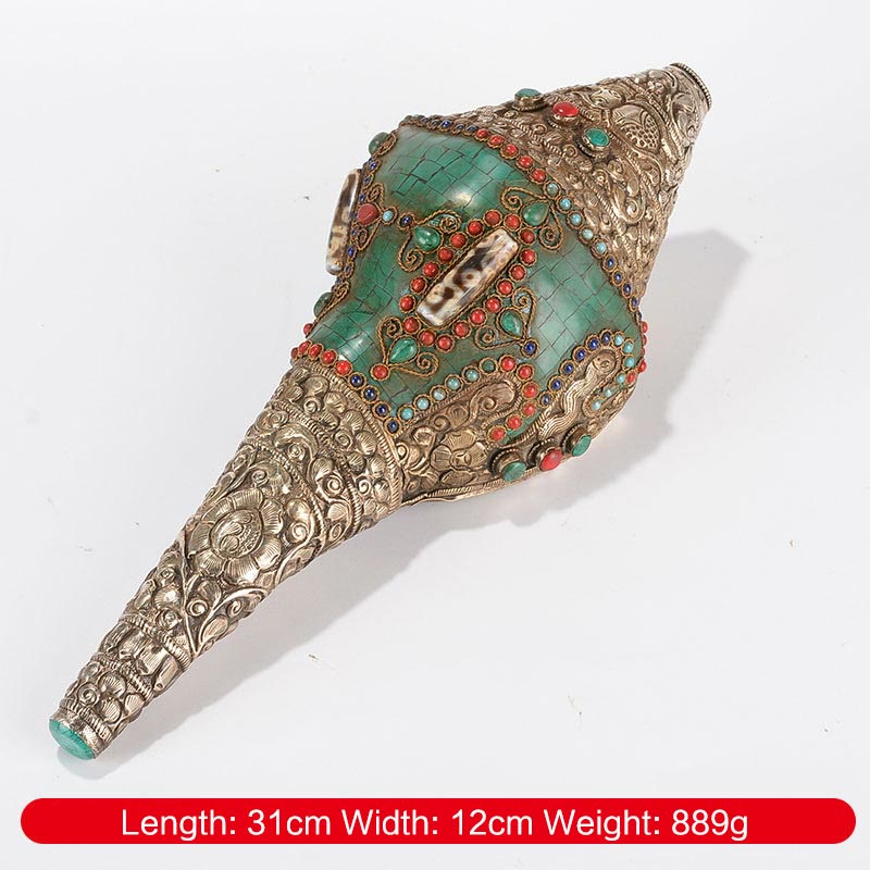 Double Dorje Shankha Conch – close-up of dorje center hub with gem inlay detail, diamond scepter art