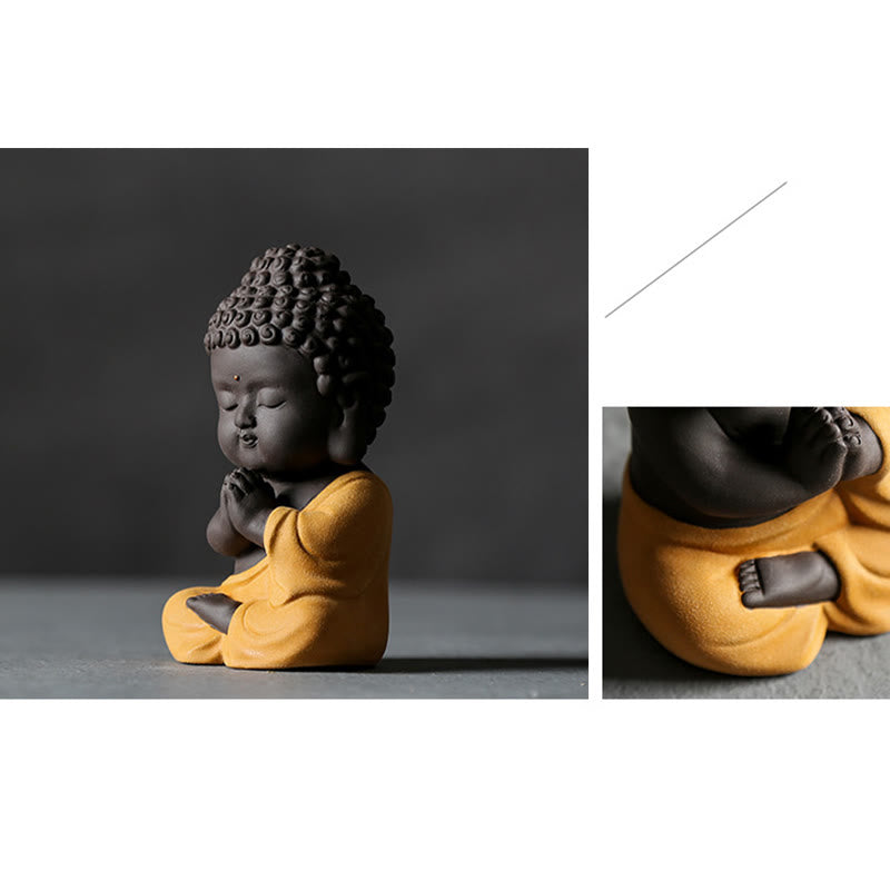 Small Buddha Purple Clay Decoration – two-panel composite with full view and leg macro detail, yellow-robe clay texture close