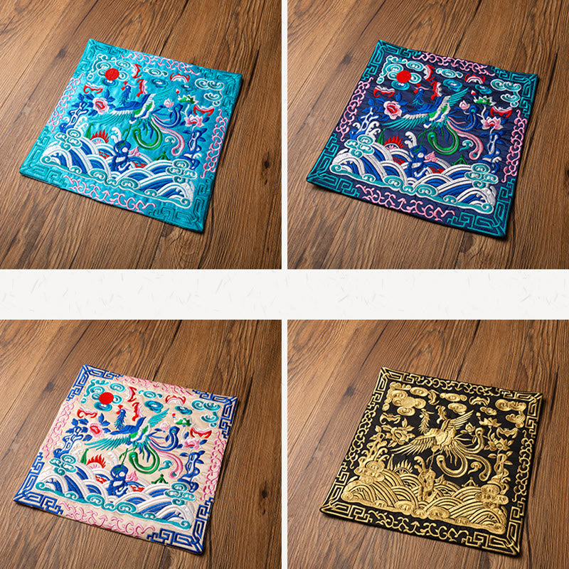 Phoenix Dragon Kirin Embroidery Tea Cup Mat - Four mats teal navy black pink, Color Options