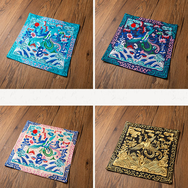 Phoenix Dragon Kirin Embroidery Tea Cup Mat - Four mats teal navy black pink, Color Options