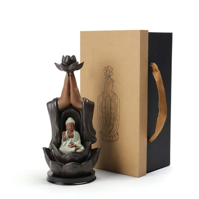 Buddha Lotus Incense Burner – Ceramic lotus smoke waterfall design side view, Relaxation aid