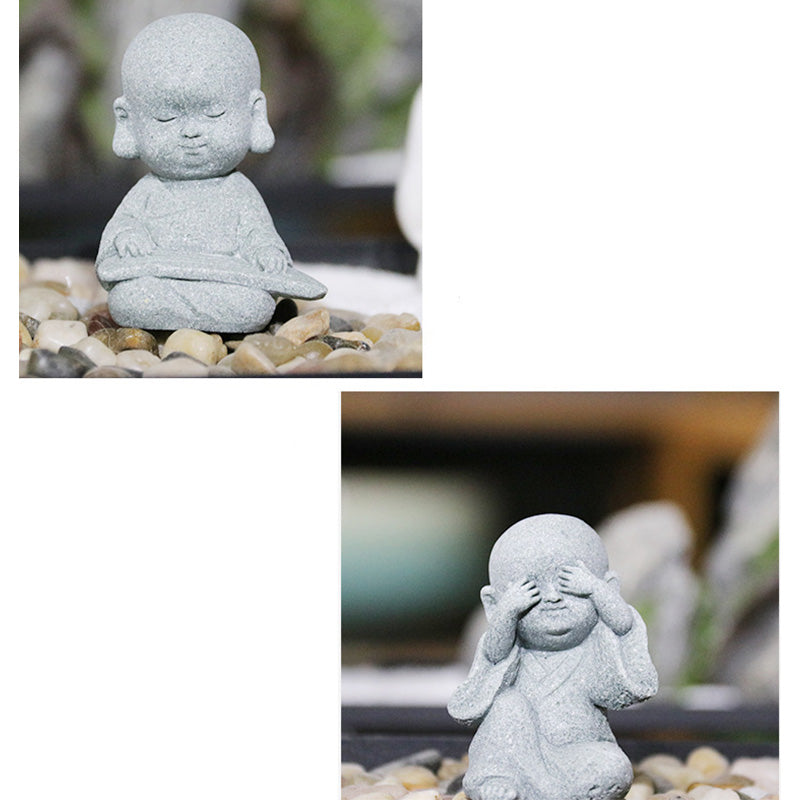Meditation Monk Statue - Collage of monk playing instrument and see no evil figurine