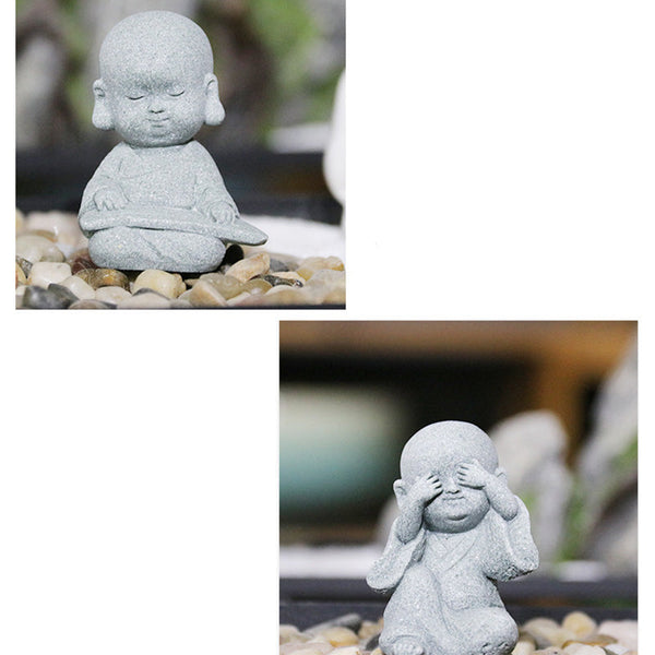 Meditation Monk Statue - Collage of monk playing instrument and see no evil figurine