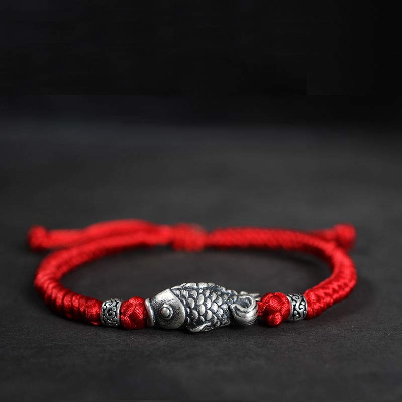 999 Silver Koi Fish Red String Bracelet – front view of braided bracelet with koi charm, luck jewelry gift