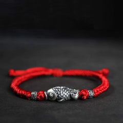 999 Silver Koi Fish Red String Bracelet – front view of braided bracelet with koi charm, luck jewelry gift