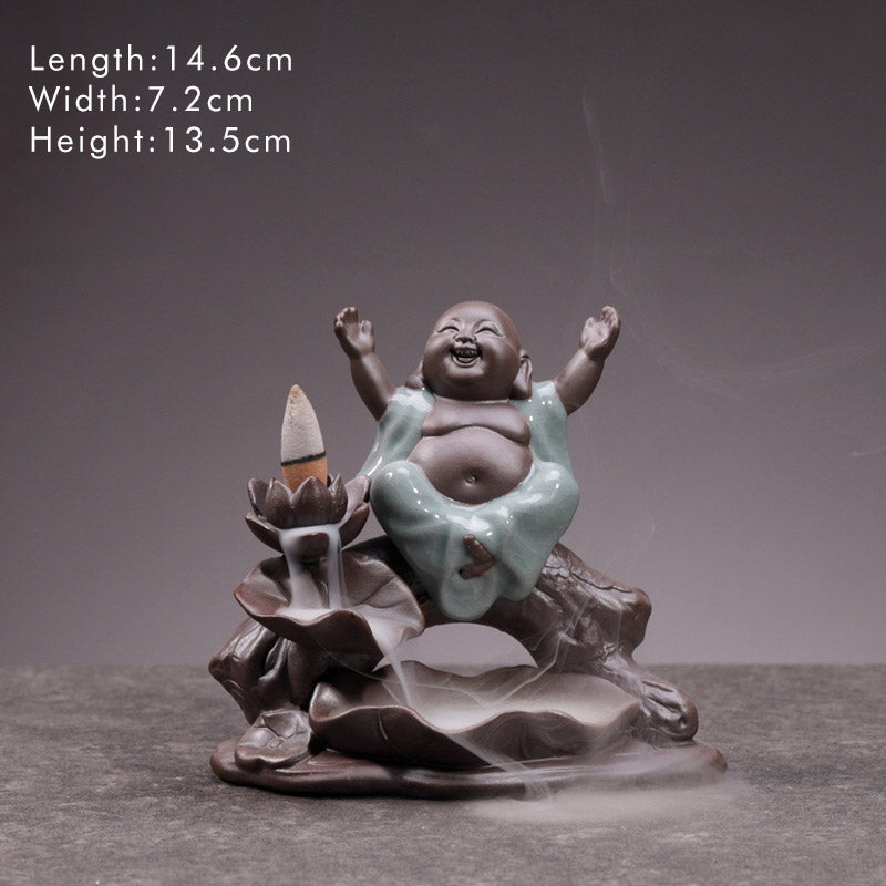 Little Monk Ceramic Incense Burner - Joyful monk with backflow incense, dimensions shown, ceramic zen home decor