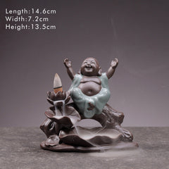 Little Monk Ceramic Incense Burner - Joyful monk with backflow incense, dimensions shown, ceramic zen home decor
