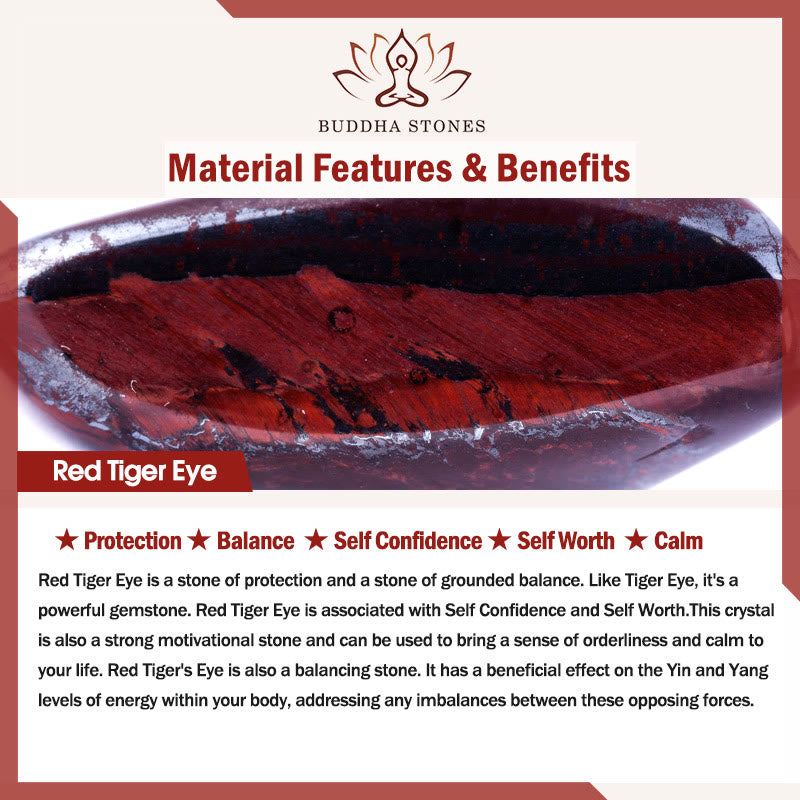 Red Tiger Eye gemstone material features and benefits - protection, balance, self-confidence, self-worth and calm, Buddha Stones educational info card for Tiger Eye Pixiu Fox Money Bag Bracelet
