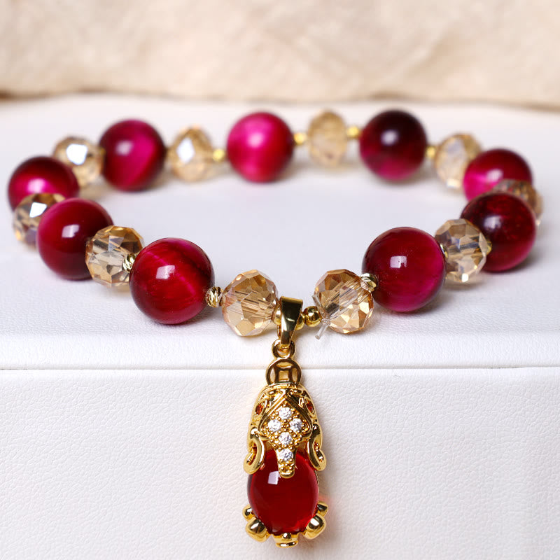 Red Tiger Eye PiXiu Fox Bracelet – Red beads gold PiXiu pendant white background, wealth protection