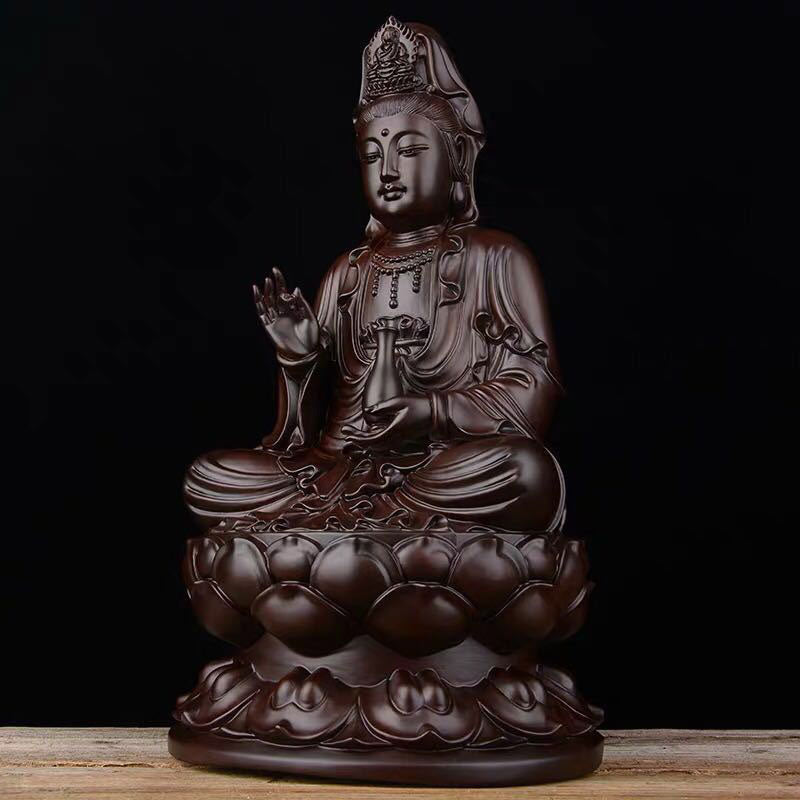 Ebony Avalokitesvara Lotus Decoration – Low angle showing lotus base tiers and abhaya mudra, polished ebony sculpture