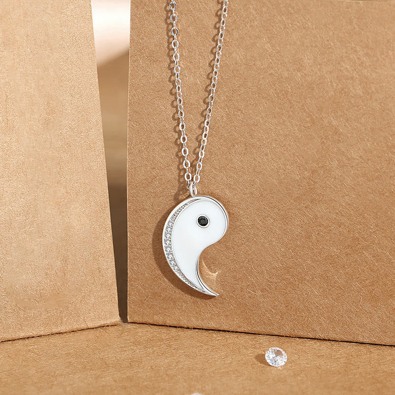 925 Sterling Silver Yin Yang Harmony Necklace Pendant – White yin-yang pendant half with crystal border, silver chain on kraf