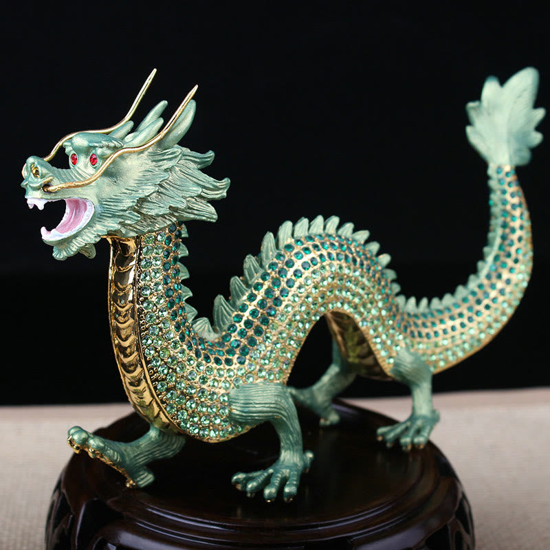 Handmade Feng Shui Dragon Decoration – Sage green dragon with gold trim, red crystal eyes, on carved pedestal, Prosperous