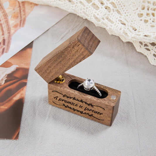 Slim Walnut Wood Ring Box – A Promise Is Forever engraving with lace and linen props, romantic styling