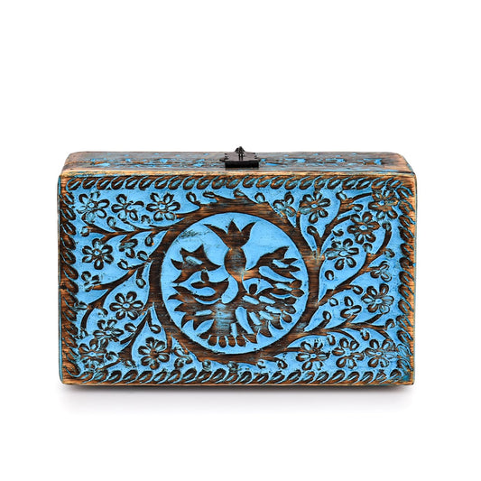 Tree of Life Wooden Jewelry Box – front view showing bird medallion and floral vine carving, handcrafted