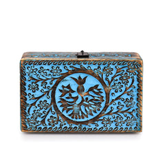 Tree of Life Wooden Jewelry Box – front view showing bird medallion and floral vine carving, handcrafted