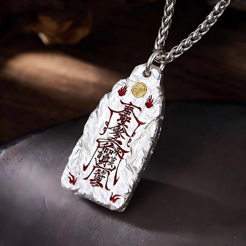 Golden Light Pendant – silver amulet with red symbols and gold accent on silver chain, protection wealth luck amulet