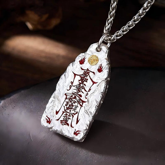 Golden Light Pendant – silver amulet with red symbols and gold accent on silver chain, protection wealth luck amulet