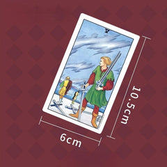 Rider Waite Tarot Card – Five of Swords card on burgundy background showing 6cm by 10.5cm dimensions, classic tarot