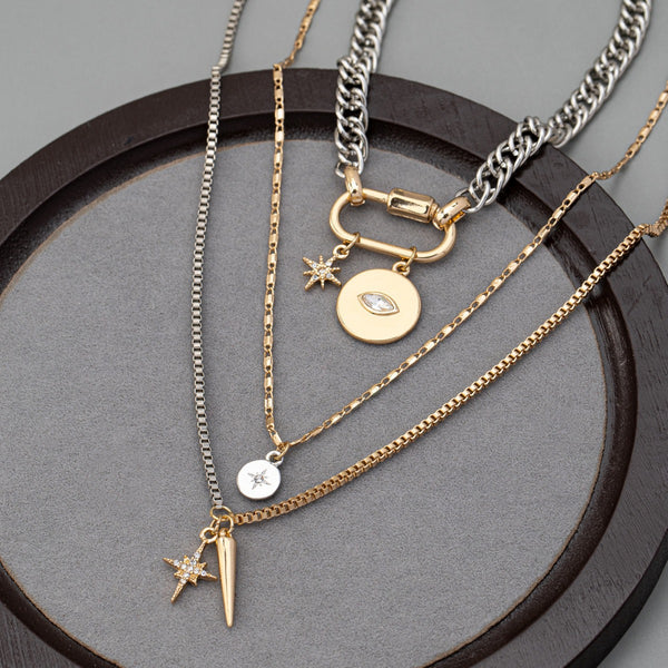 Mixed Metal Layered Charm Necklace | Gold Carabiner Eye Disc