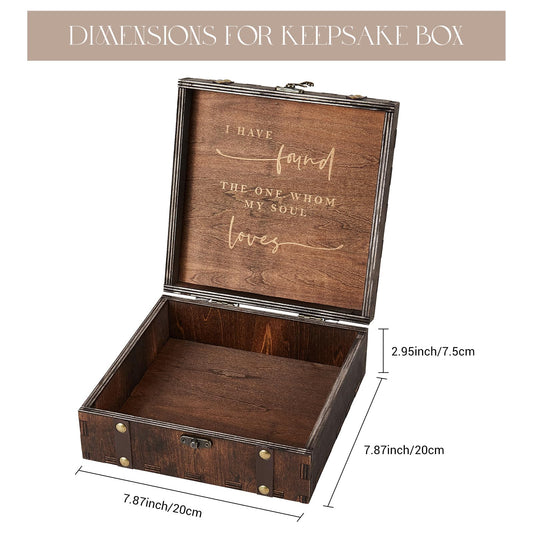 Mr Mrs Wooden Keepsake Box – open lid showing I Have Found the One engraving, 7.87 inch dimensions diagram
