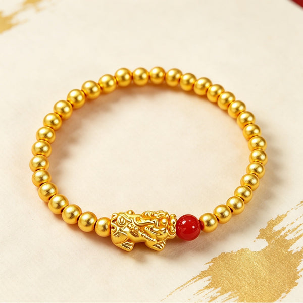 Gold-Plated Pixiu & Red Bead Stretch Bracelet