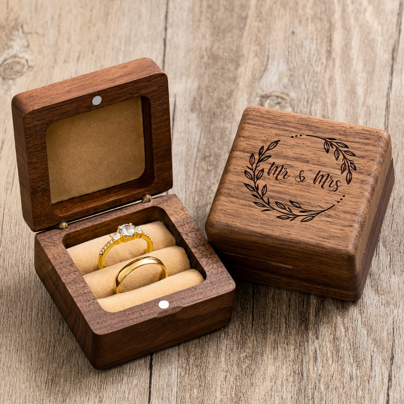 Walnut Wood Ring Box – open box with gold rings and engraved lid on rustic wood, wedding keepsake Hauptbild