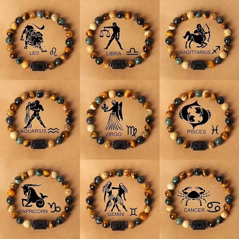 12 Zodiac Natural Stone Bead Bracelet nine zodiac variants grid showing Leo Libra Sagittarius Virgo Pisces and more