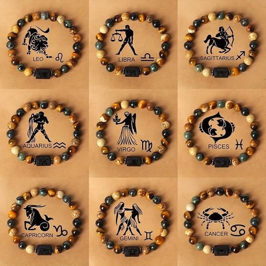 12 Zodiac Natural Stone Bead Bracelet nine zodiac variants grid showing Leo Libra Sagittarius Virgo Pisces and more