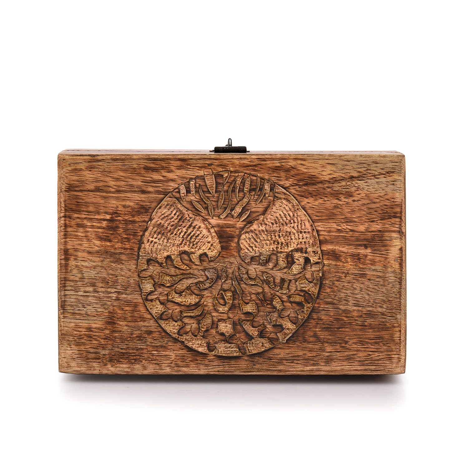 Mango Wood Tree of Life Box – top view showing circular tree carving detail and metal clasp, handcrafted