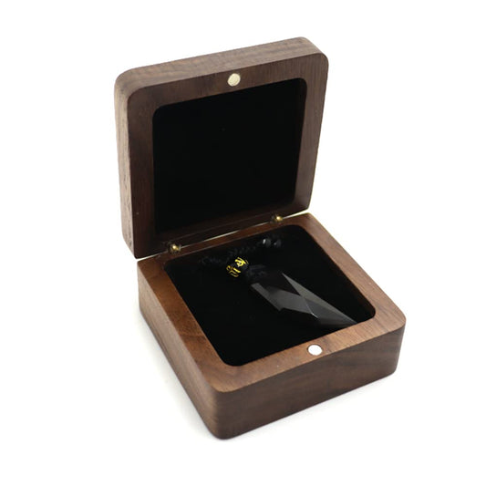 Natural Walnut Necklace Box – open angled view with black cord pendant on velvet lining, magnetic closure
