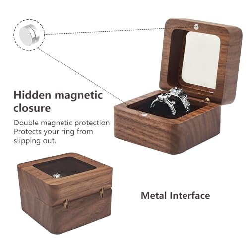 Walnut Wood Ring Box – front view showing rounded square design and magnetic closure, vintage