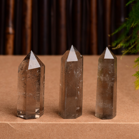 Three natural smoky quartz crystal points on brown display stand, bamboo and green plant background, grounding healing towers