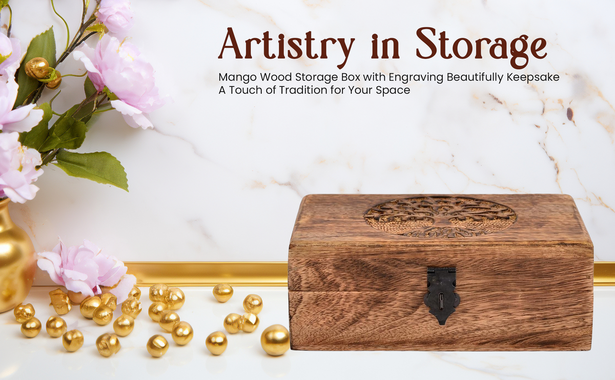 Mango Wood Tree of Life Box – styled on marble with gold beads and pink flowers, artistry decor