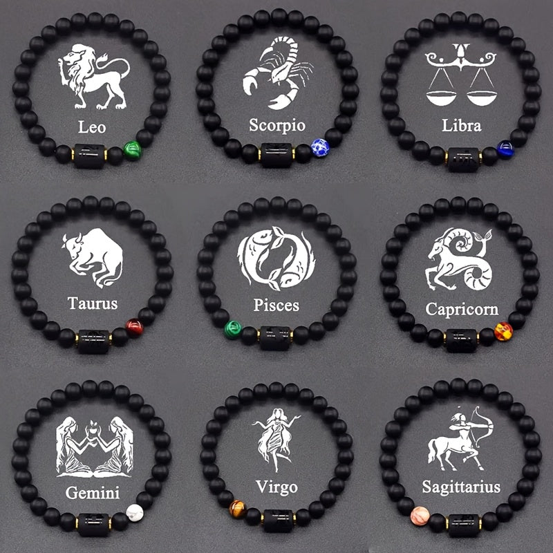 Zodiac Sign Bracelet – nine black beaded zodiac bracelets with colored accents in grid, astrology collection Main image