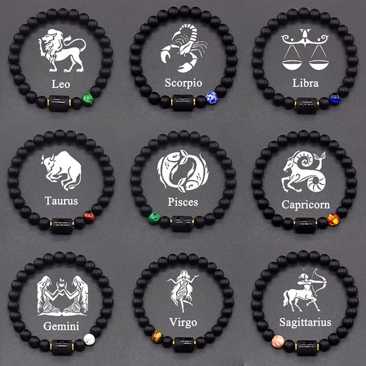 Zodiac Sign Bracelet – nine black beaded zodiac bracelets with colored accents in grid, astrology collection
