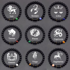 Zodiac Sign Bracelet – nine black beaded zodiac bracelets with colored accents in grid, astrology collection
