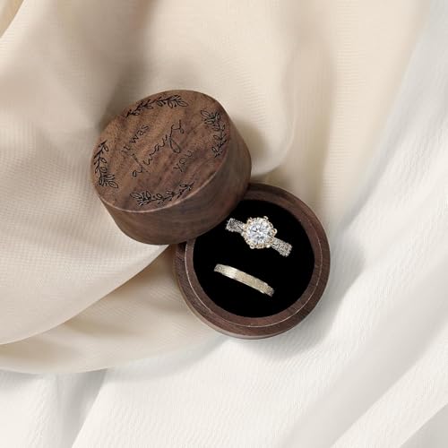 Oval Walnut Wood Ring Box – open box with silver diamond ring on cream silk fabric, romantic styling