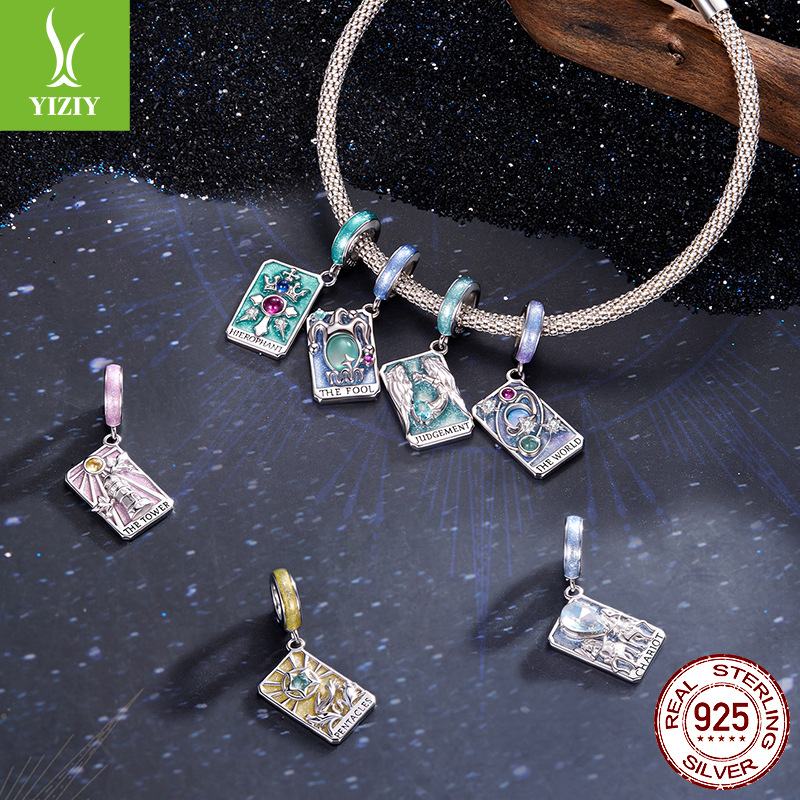 Tarot Silver Charm – Seven charms on silver mesh bracelet with Tower Hierophant Fool, 925