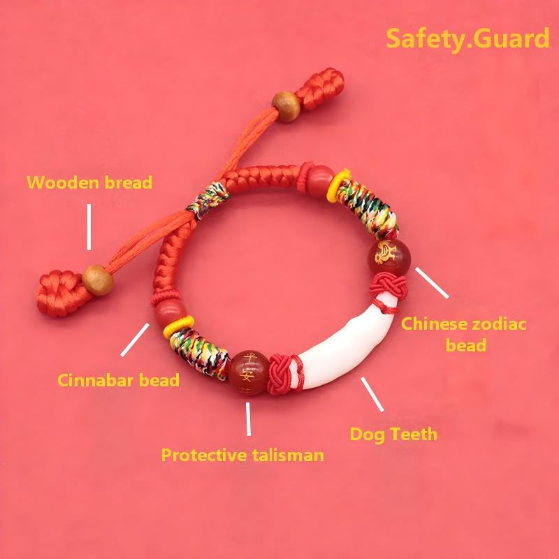 Kids Zodiac Bracelet – flat lay diagram showing wooden bead, cinnabar, talisman, dog tooth, zodiac