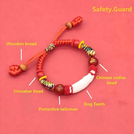 Kids Zodiac Bracelet – flat lay diagram showing wooden bead, cinnabar, talisman, dog tooth, zodiac