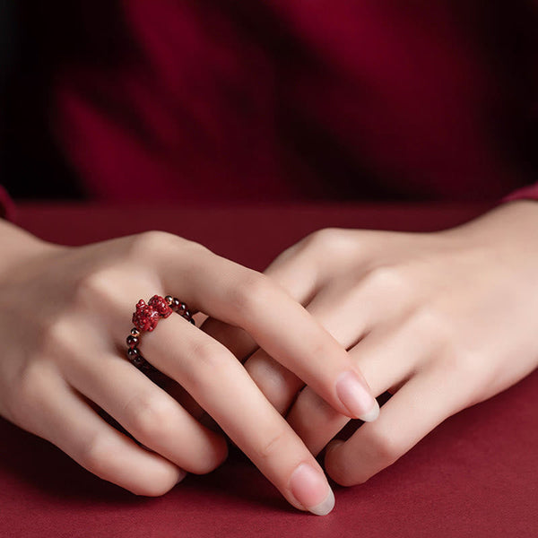Garnet Cinnabar Ring – model hands cinnabar PiXiu ring both fingers, double protection feng shui